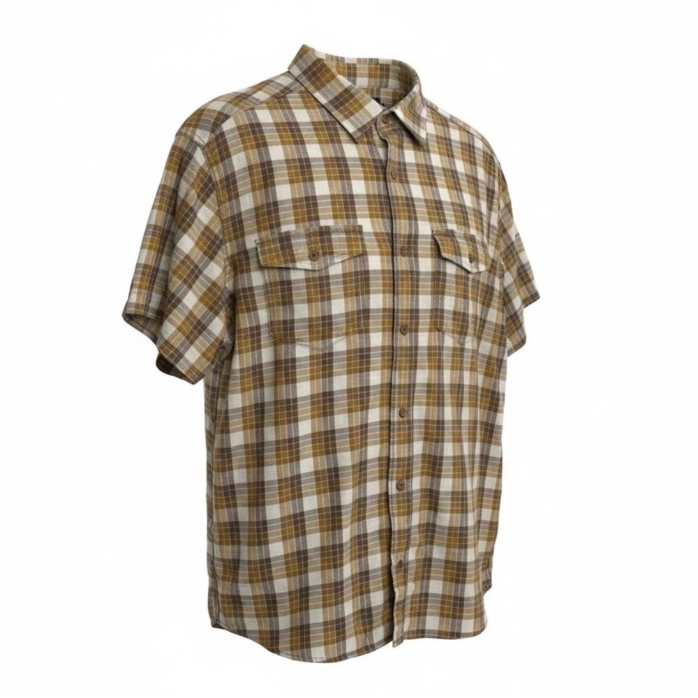 Brothers & Sons Mens XL Plaid Print Short Sleeve Flannel Shirt Cotton Brown Tan